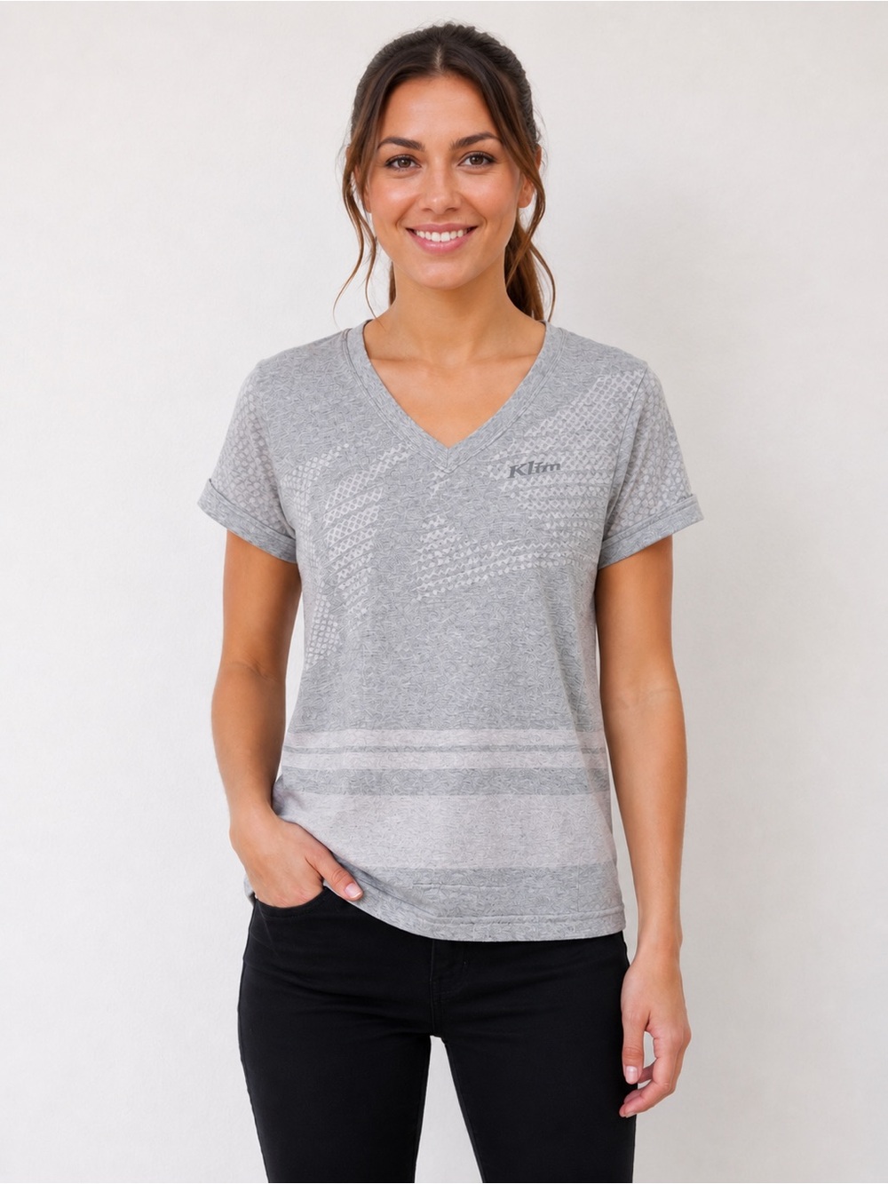Klim Women’s Gray V-Neck Graphic Performance Tee Motorcycle Riding Shirt Size M
